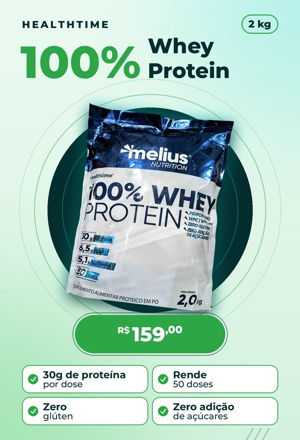 100% Whey Protein Health Time. Clique para ver o produto e os sabores.